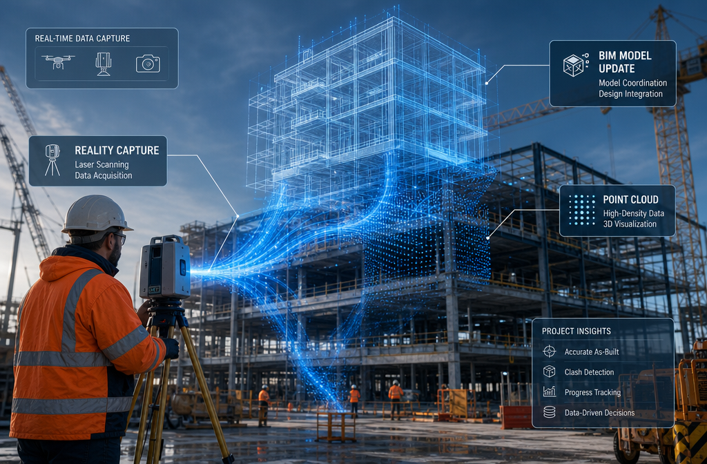() editorial illustration showing a surveyor using a laser scanner tripod on an active construction site, with holographic