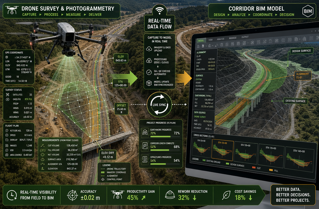 () split-screen infographic showing left panel: a drone performing photogrammetry survey over a road infrastructure project