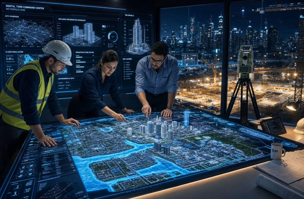() futuristic control room scene showing three professionals — a surveyor, BIM manager, and structural engineer — gathered