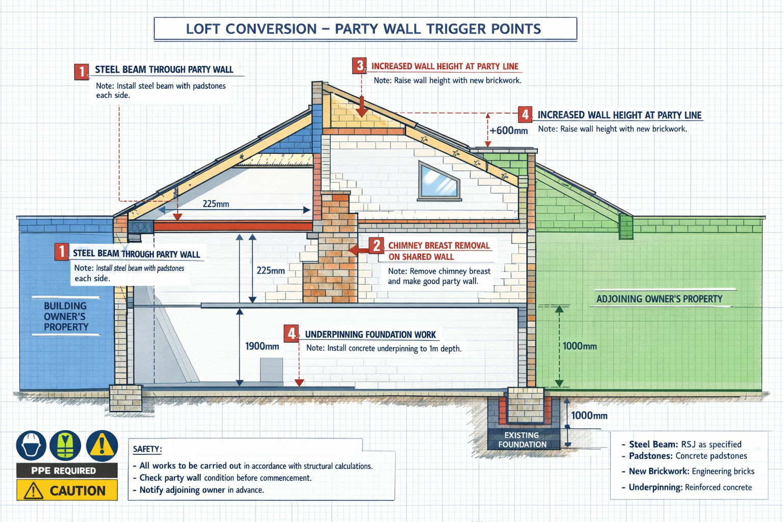 () detailed technical diagram showing cross-section view of a loft conversion with multiple party wall trigger points