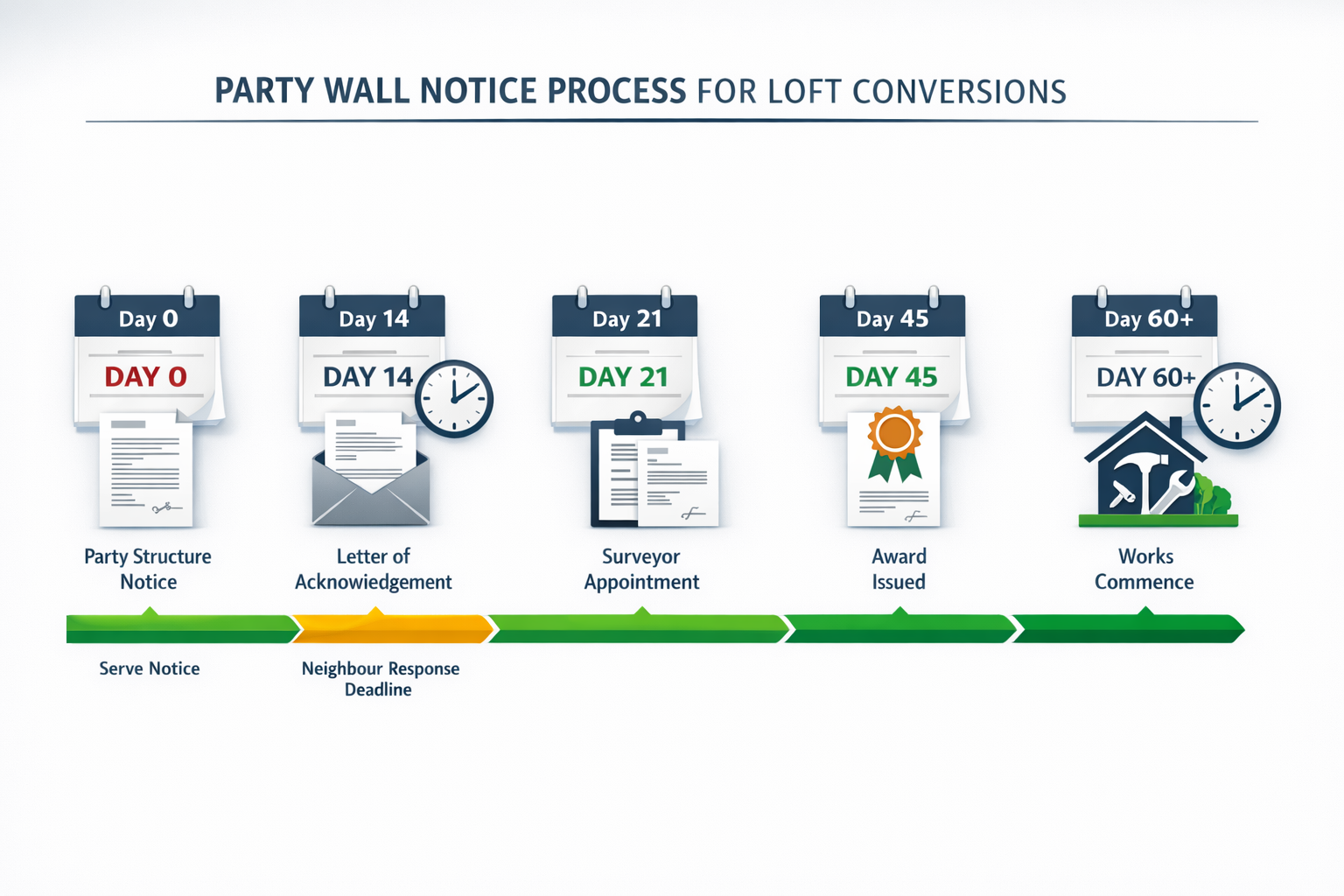 () visual timeline infographic showing the party wall notice process for loft conversions from day 0 to day 60 and beyond.