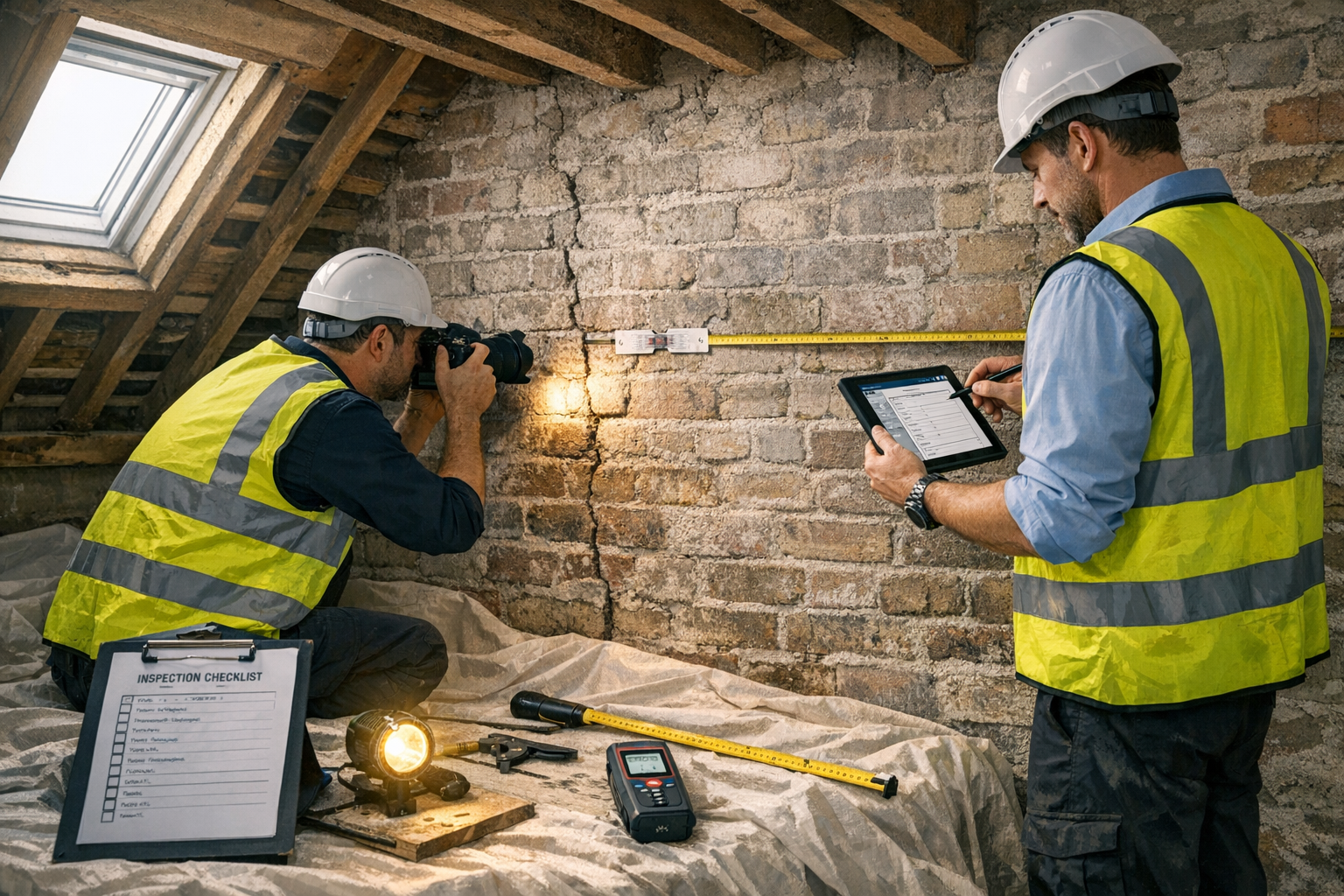 () professional scene showing two party wall surveyors conducting a pre-construction inspection in a residential loft space.
