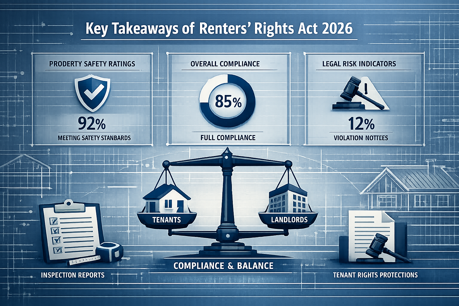 Infographic-style visual summarizing Key Takeaways of Renters' Rights Act 2026, featuring architectural blueprint background