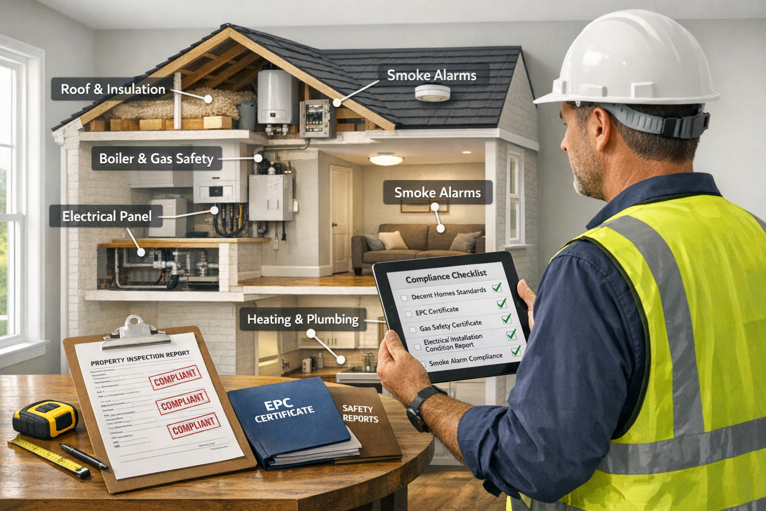 () professional scene showing building surveyor in high-visibility vest conducting property inspection inside rental unit,