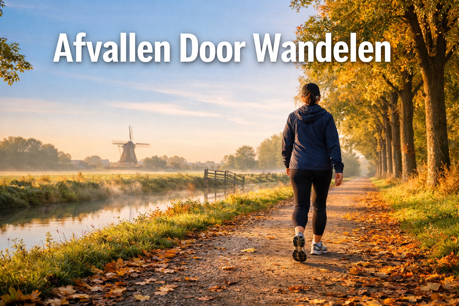Professional landscape hero image (1536x1024) featuring bold text overlay 'Afvallen Door Wandelen' in extra large 72pt white sans-serif font