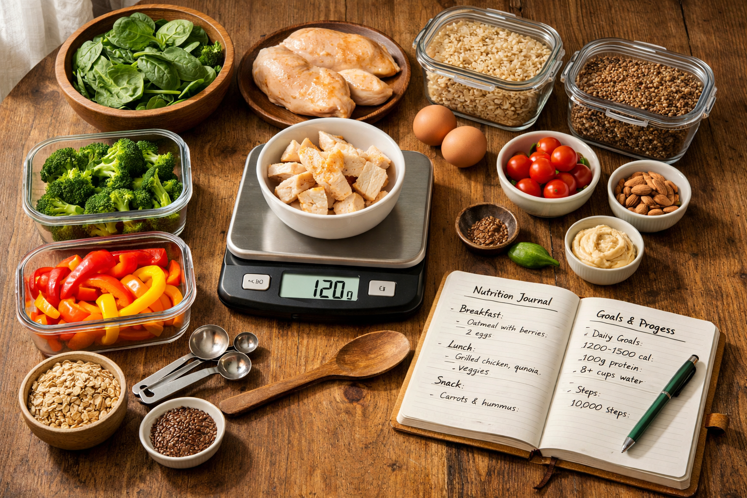 Landscape editorial photograph (1536x1024) showing realistic meal prep scene on wooden kitchen table with healthy whole foods for weight los