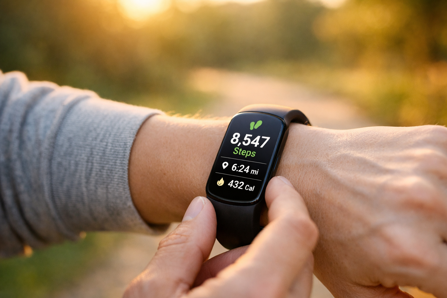 Professional lifestyle photograph (1536x1024 landscape) depicting person checking fitness tracker on wrist during outdoor walk, close-up of