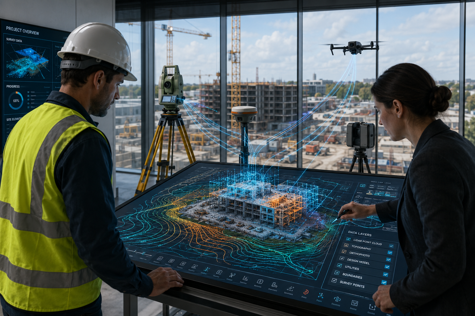 Wide-angle editorial illustration showing a land surveyor and architect collaborating at a large touchscreen table
