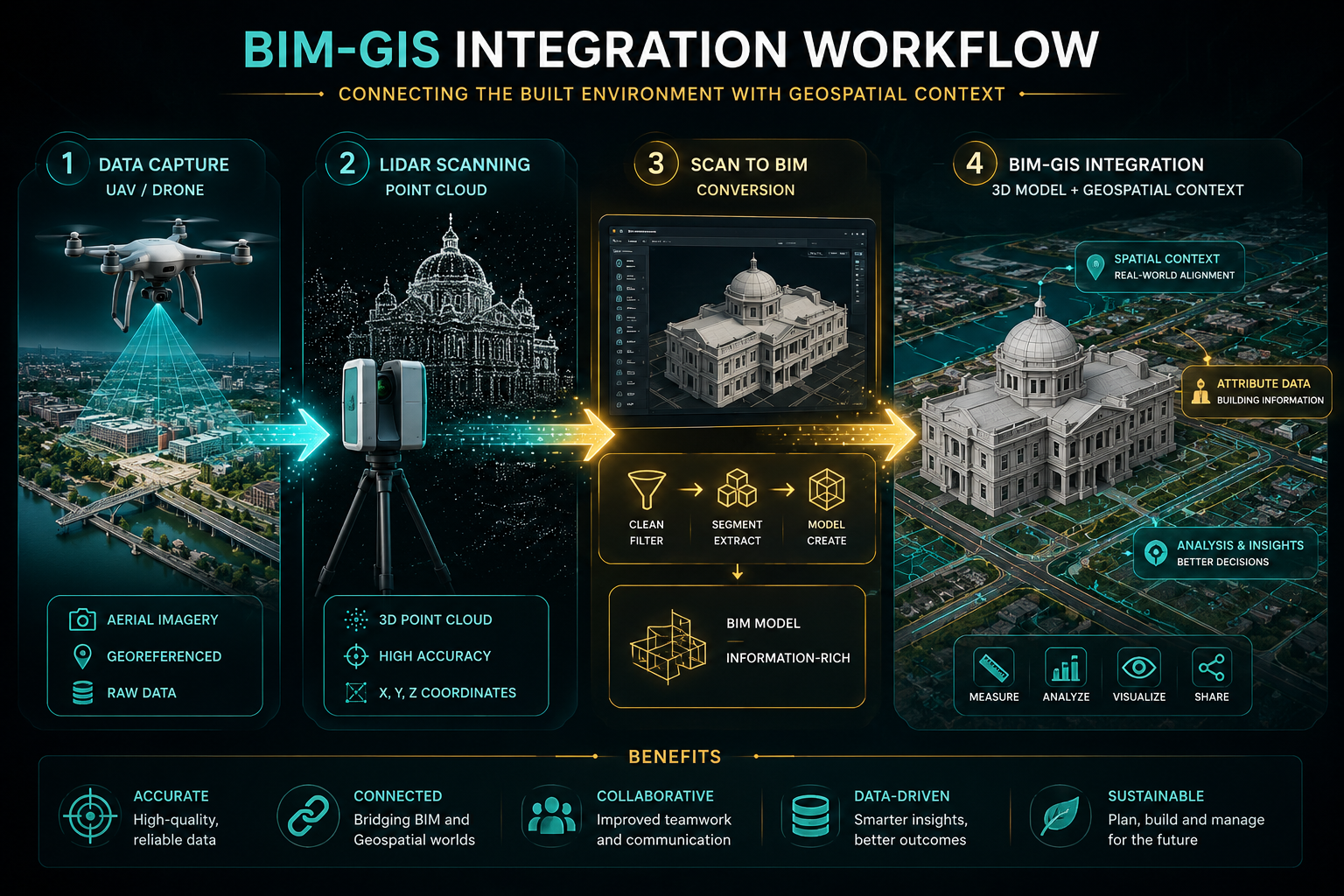 Detailed infographic-style editorial image showing the BIM-GIS integration workflow pipeline: icons representing drone UAV