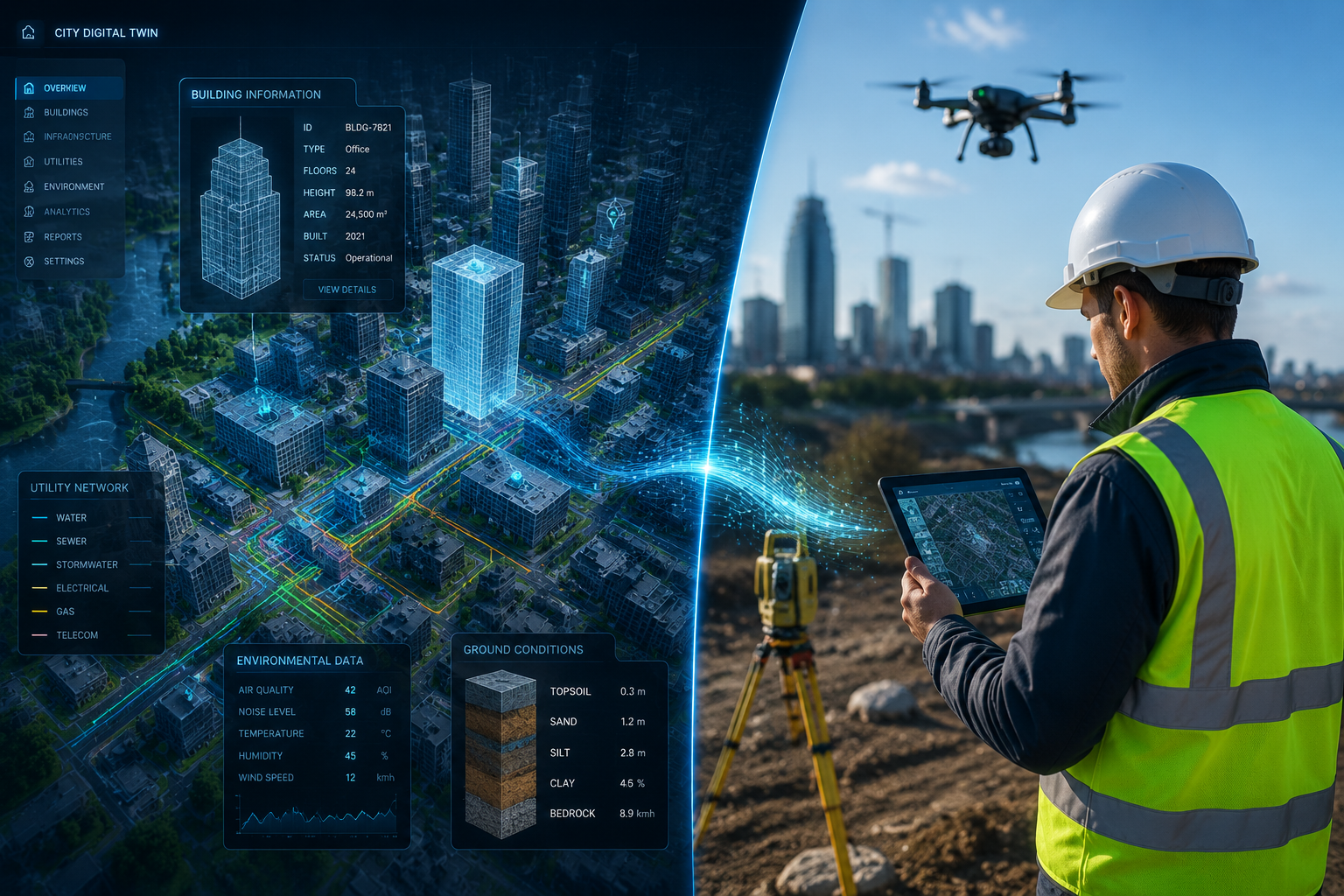 Split-composition editorial image showing a digital twin visualization on the left: an interactive 3D city model with