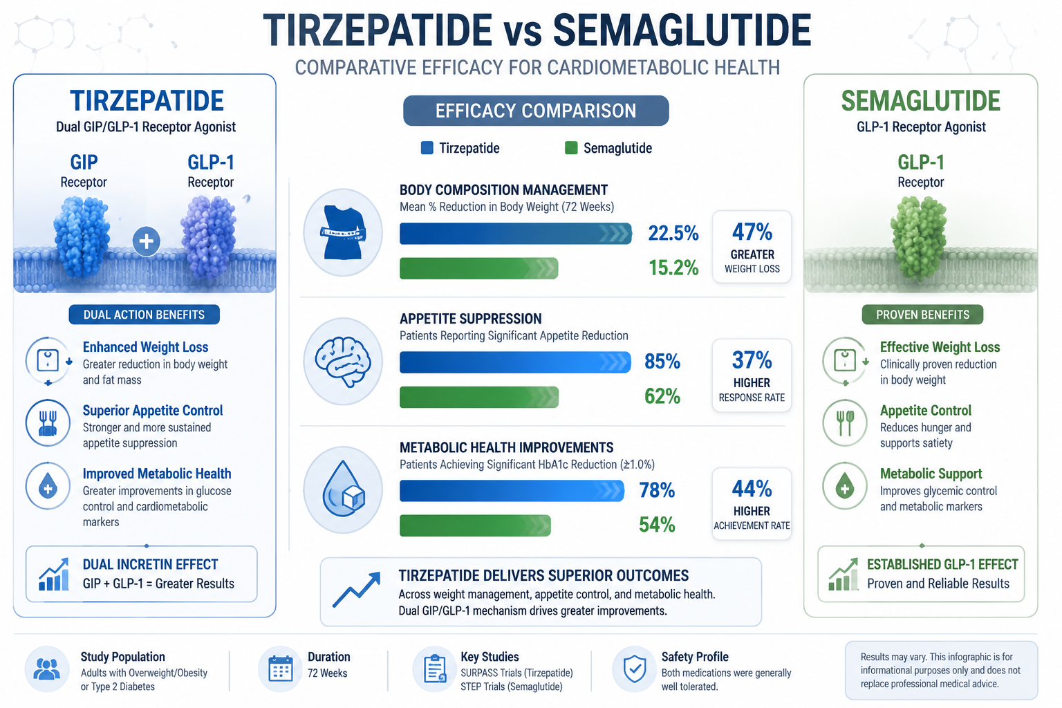 Tirzepatide VS Semaglutide? detailed comparison infographic showing side-by-side efficacy data for tirzepatide versus semaglutide.