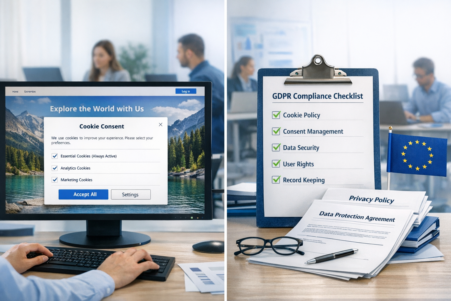 Detailed landscape format (1536x1024) image showing cookie banner implementation process with split screen view - left side displays website - Cookie Banner DSGVO Agentur 2 Detailed landscape format (1536x1024) image showing cookie banner implementation process with split screen view - left side displays website