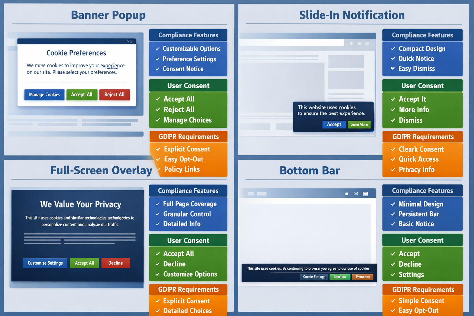 Landscape format (1536x1024) infographic-style image displaying different types of cookie banners in grid layout - banner popup, slide-in no - Cookie Banner DSGVO Agentur 3 Landscape format (1536x1024) infographic-style image displaying different types of cookie banners in grid layout - banner popup, slide-in no