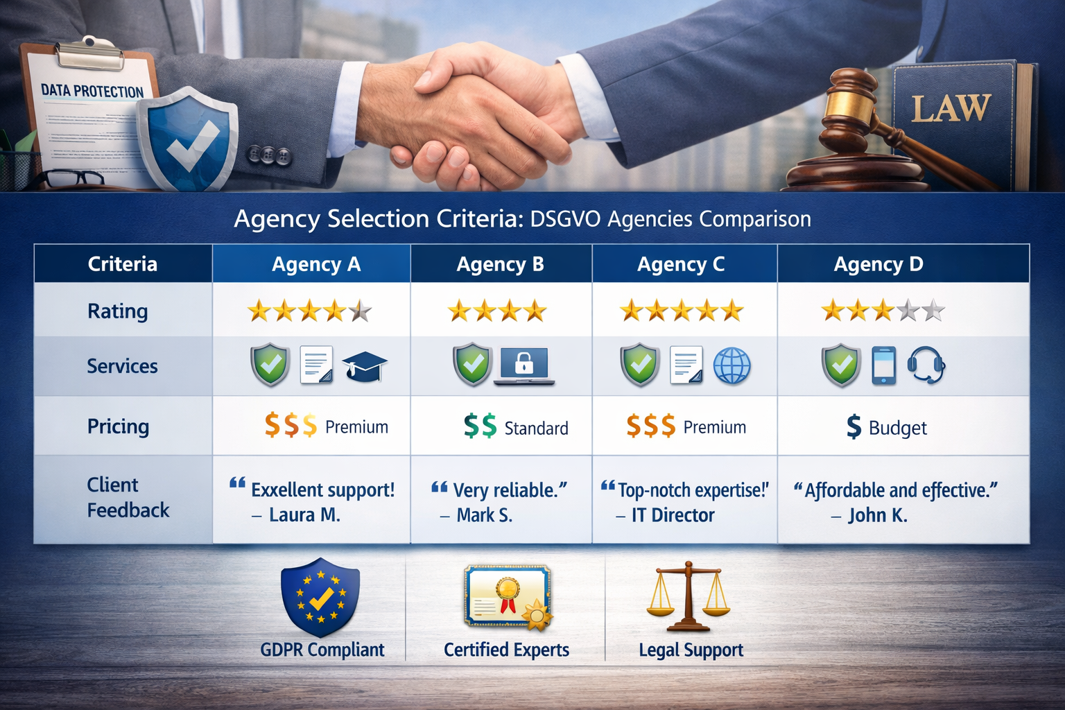 Professional landscape format (1536x1024) image showing agency selection criteria with visual comparison chart featuring multiple DSGVO agen - Cookie Banner DSGVO Agentur 4 Professional landscape format (1536x1024) image showing agency selection criteria with visual comparison chart featuring multiple DSGVO agen