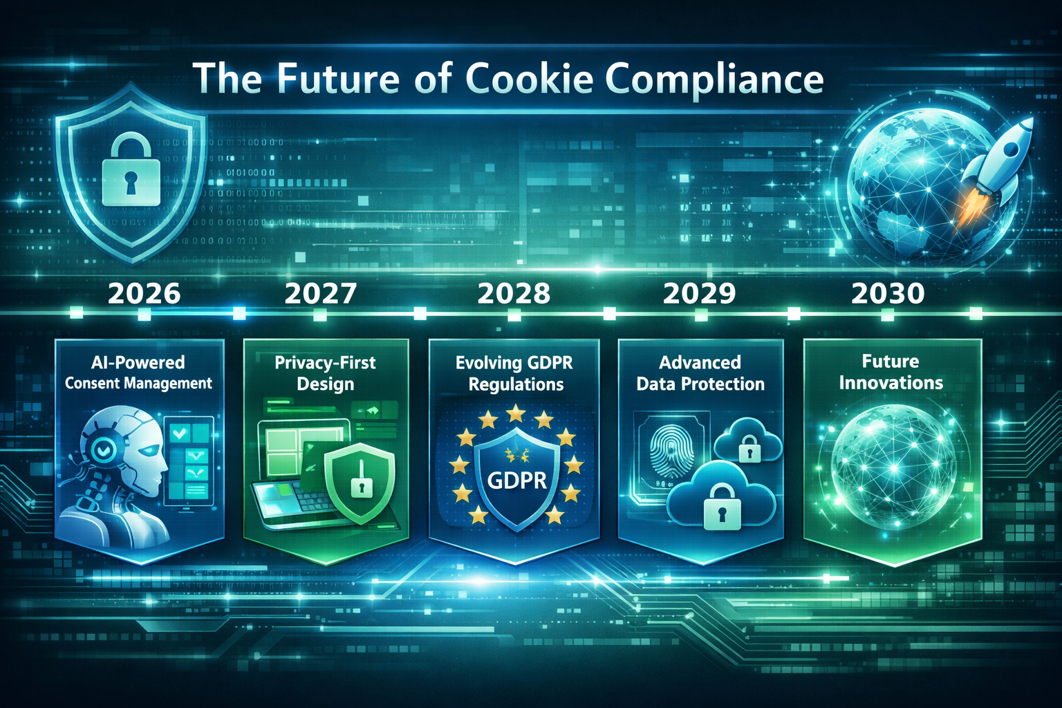Landscape format (1536x1024) image depicting future of cookie compliance with timeline visualization showing 2026-2030 developments. Feature - Cookie Banner DSGVO Agentur 5 Landscape format (1536x1024) image depicting future of cookie compliance with timeline visualization showing 2026-2030 developments. Feature