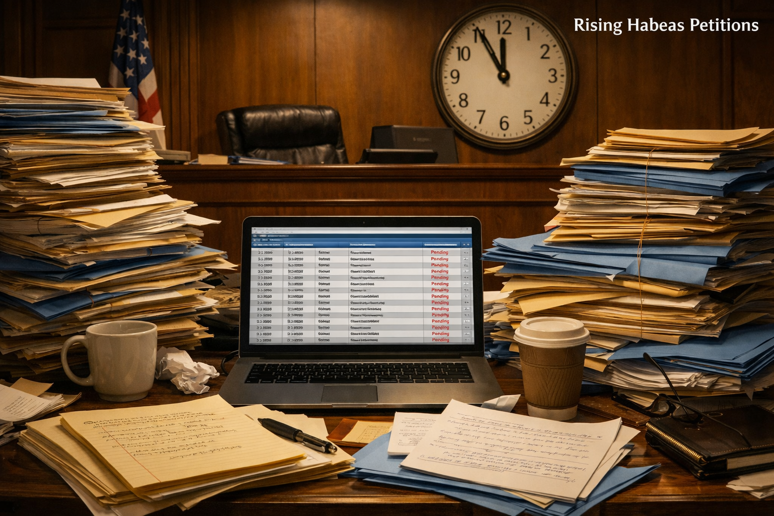 Landscape format (1536x1024) image showing overwhelmed federal courtroom scene with multiple stacks of habeas corpus petitions piled on atto