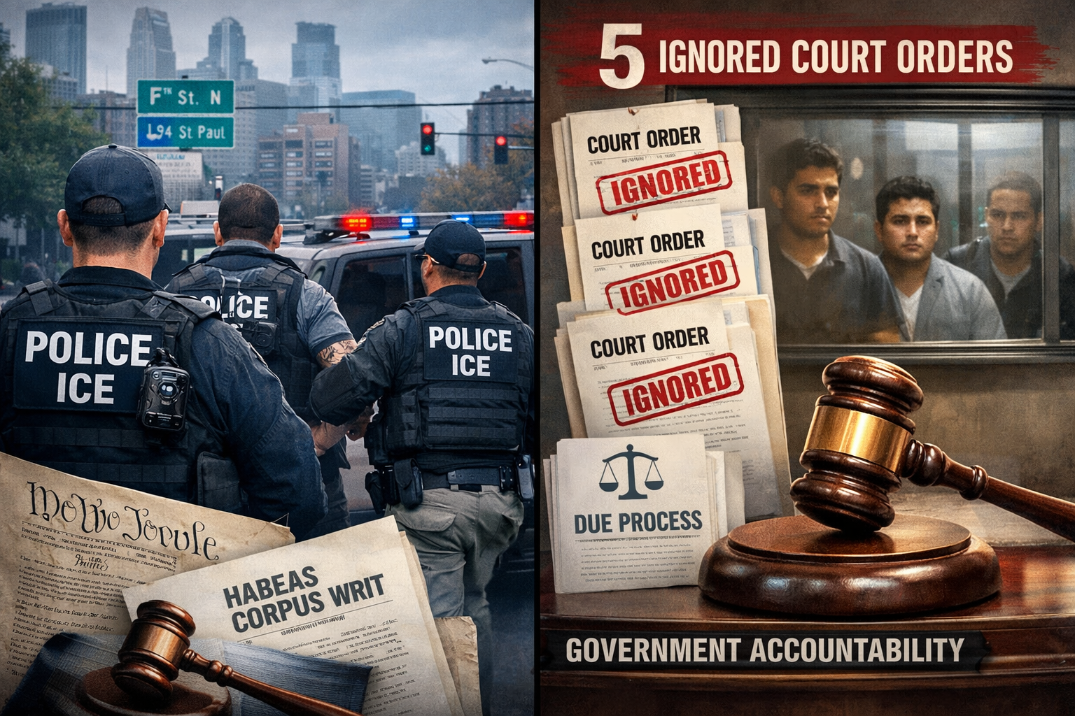 Landscape format (1536x1024) split-screen composition showing contrast between ICE enforcement operations and courtroom proceedings. Left si