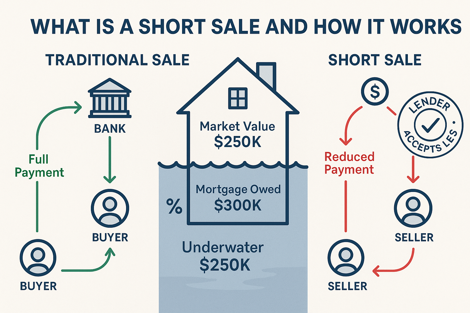 Detailed landscape infographic (1536x1024) illustrating 'What Is a Short Sale and How It Works' with split-screen comparison: left side show