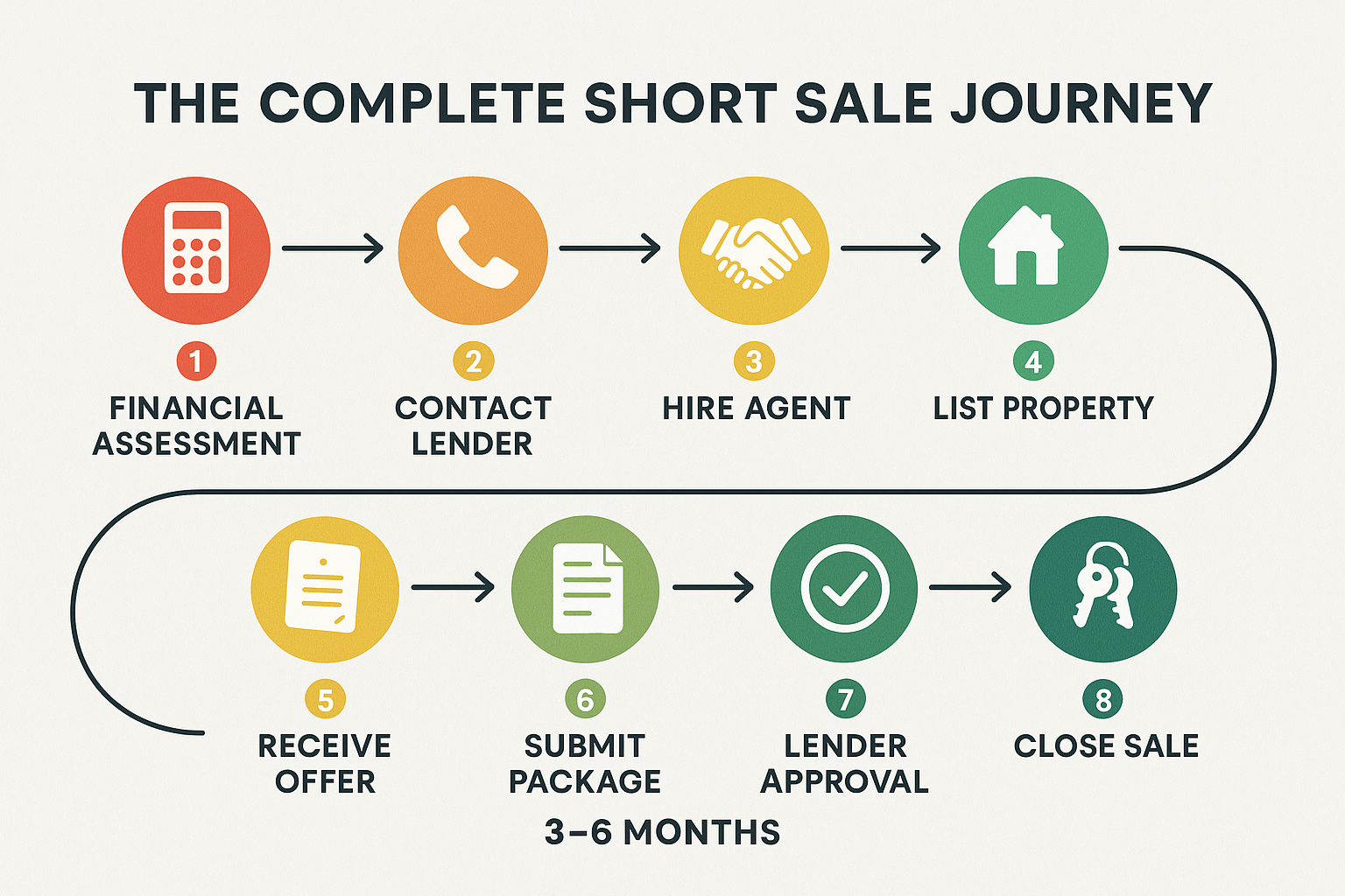 Comprehensive step-by-step process flowchart (1536x1024) showing 'The Complete Short Sale Journey' with numbered circular nodes (1-8) connec