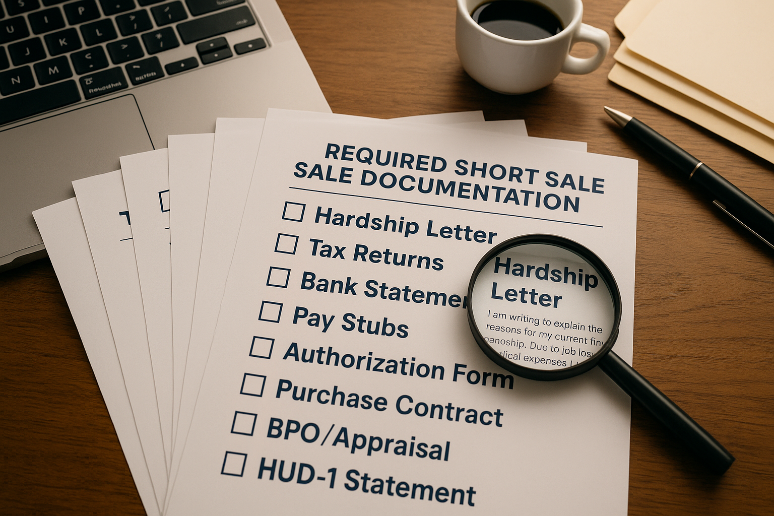 Organized document checklist visualization (1536x1024) displaying 'Required Short Sale Documentation' as stacked paper documents fanned out 
