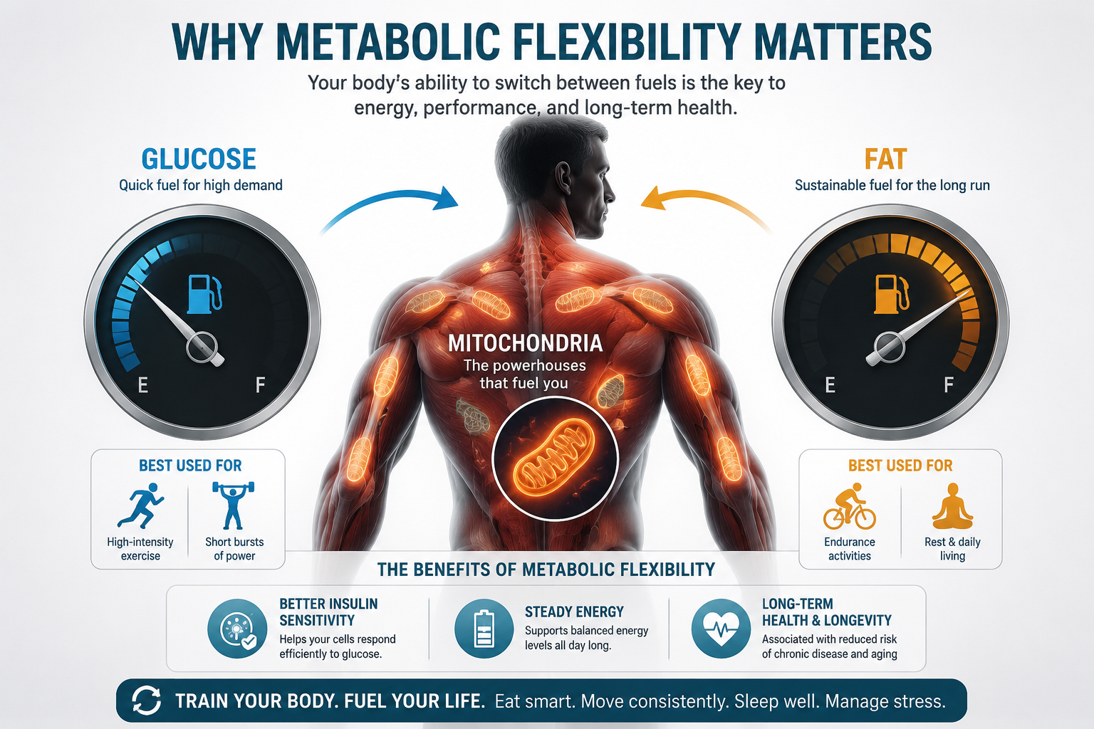 Detailed () infographic-style illustration showing the human body as a fuel-switching engine. Central figure is a