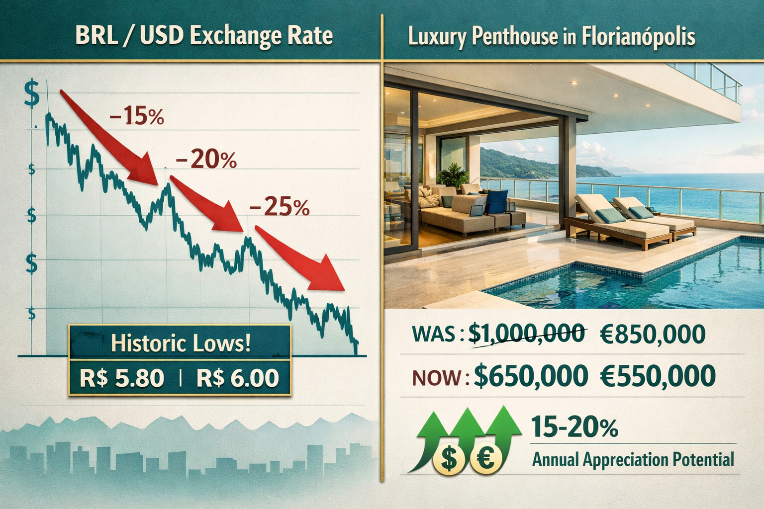 () financial infographic illustration showing a split-screen composition: left side displays a downward-trending BRL/USD