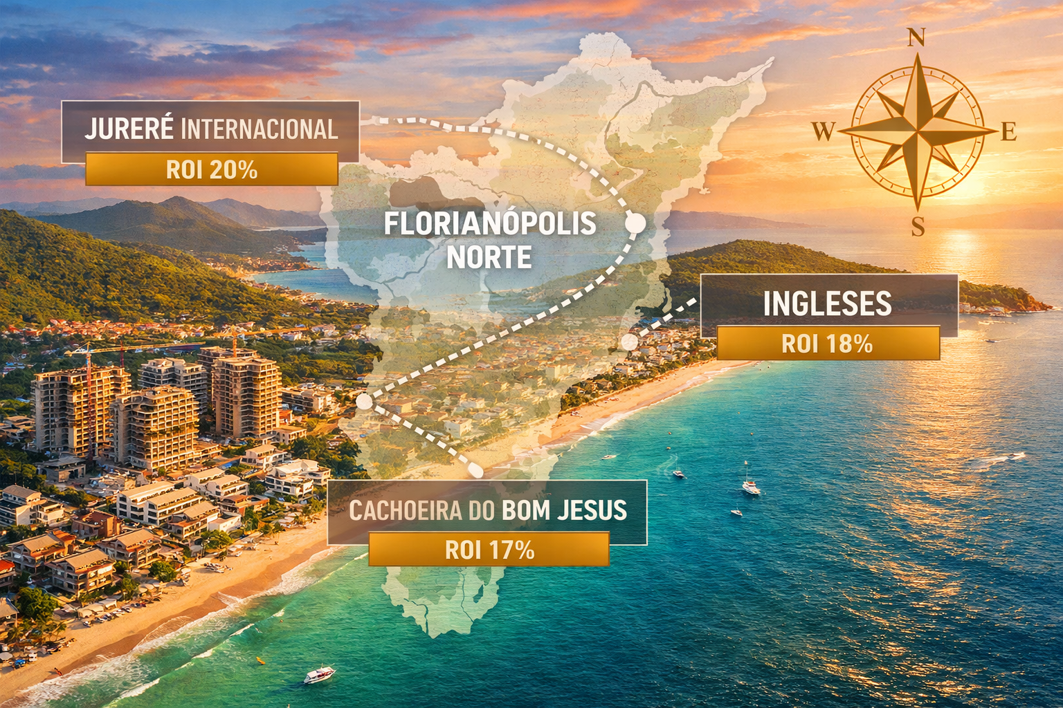 () aerial drone photograph-style illustration of Florianópolis northern beaches — Jurerê Internacional and Ingleses —