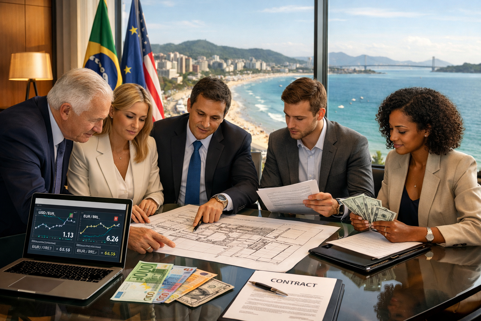 () professional editorial image showing a diverse group of European and American investors (business attire, mixed