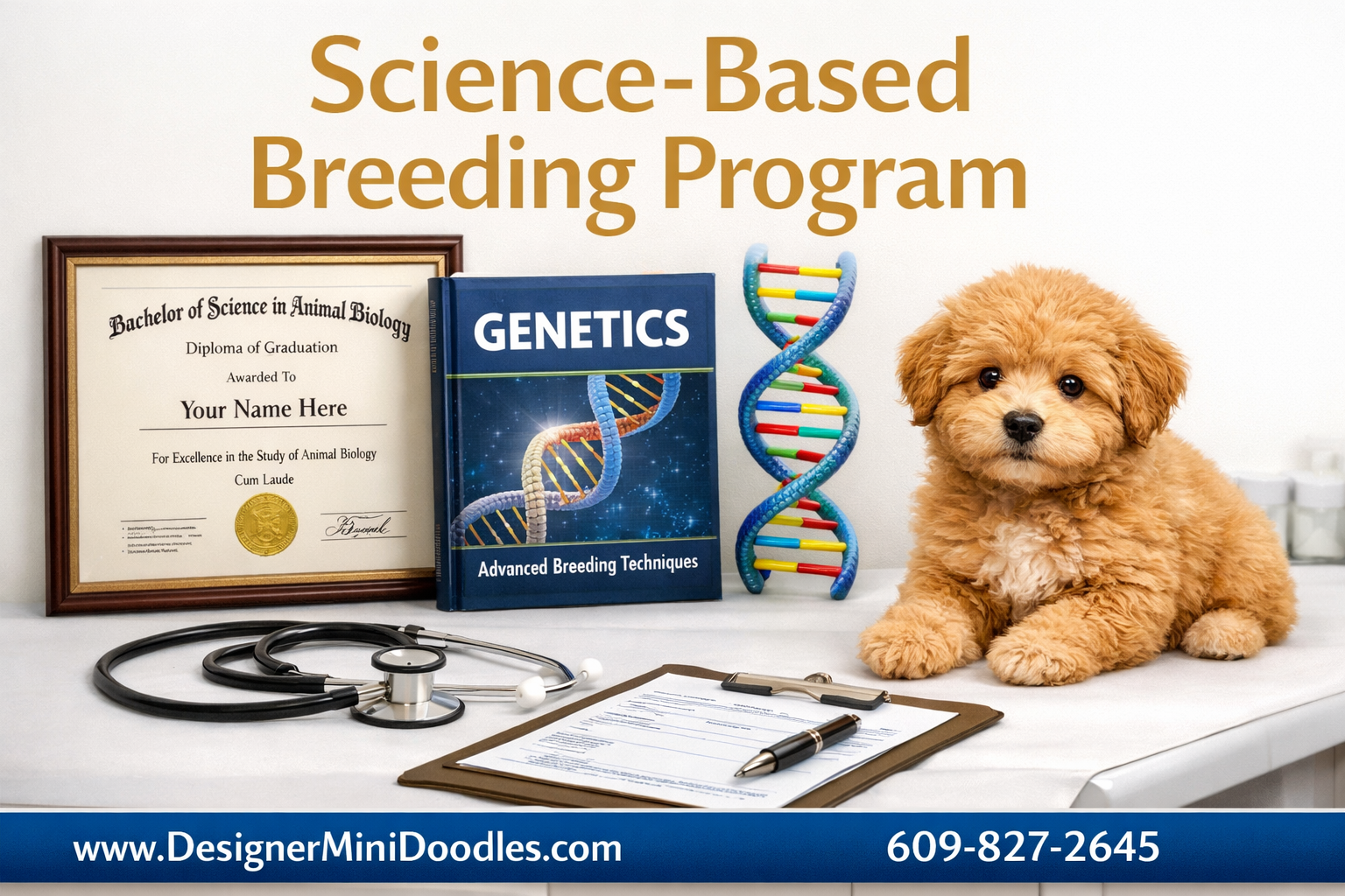 () detailed infographic-style image showing Designer Mini Doodles breeder credentials: animal biology degree diploma,