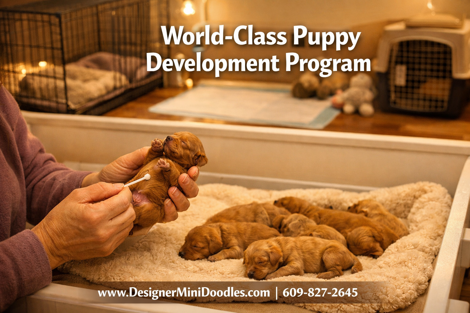 () showing a warm whelping nursery scene with newborn mini goldendoodle puppies in a clean professional whelping box, a