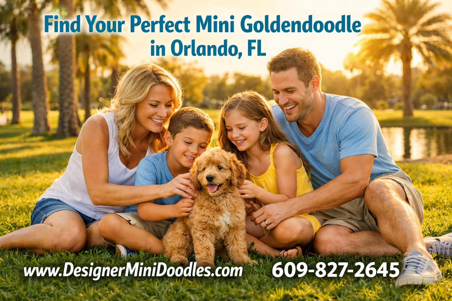 () showing a happy Florida family with two adults and two children sitting on grass in a sunny Orlando park, playing with an