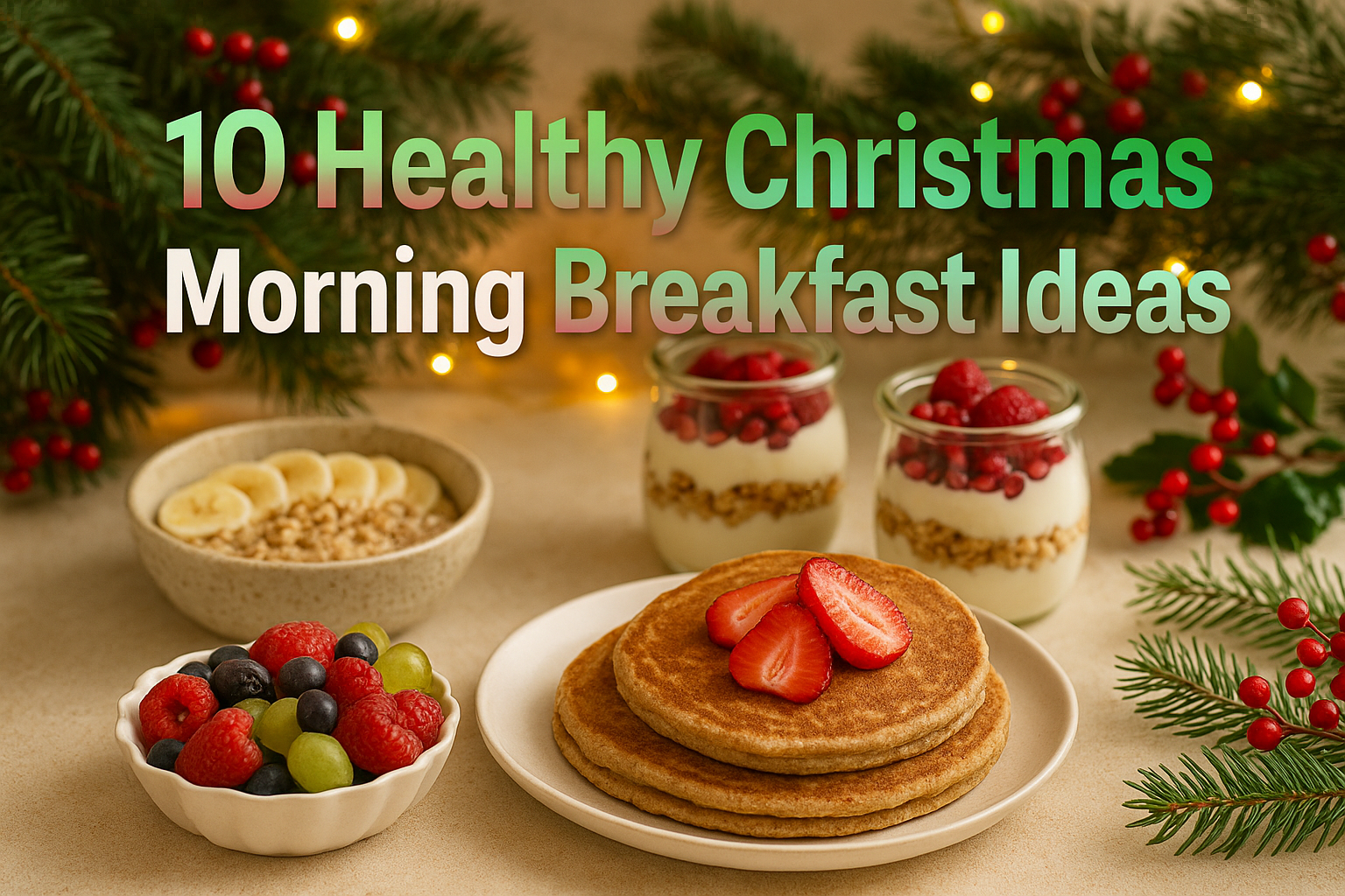 Professional landscape hero image (1536x1024) featuring bold text overlay '10 Healthy Christmas Morning Breakfast Ideas' in extra large 72pt