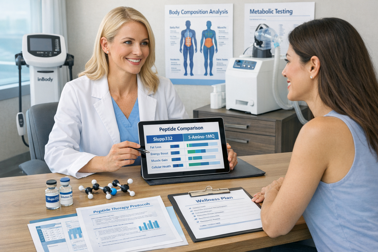High-quality editorial image (1536x1024) featuring health and fitness professional consultation scene with peptide research materials. Show 