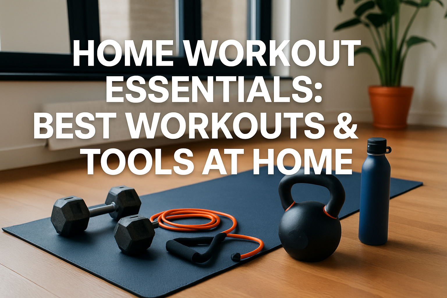 Professional landscape hero image (1536x1024) featuring bold text overlay 'Home Workout Essentials: Best Workouts & Tools at Home' in extra 