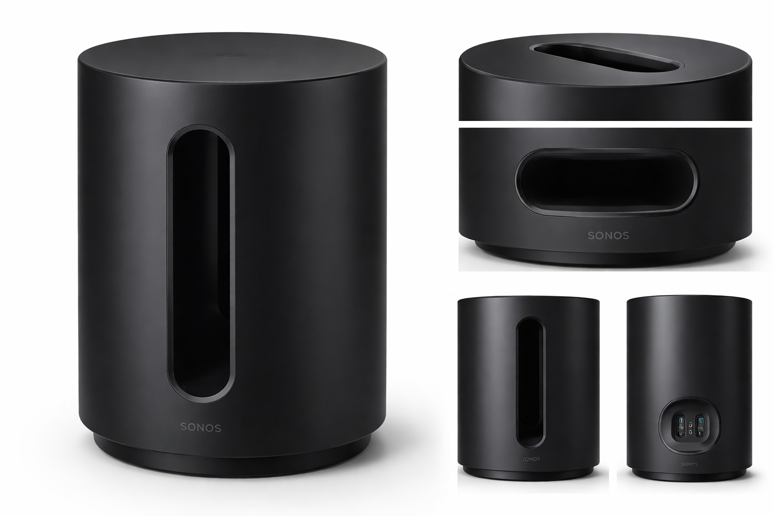 Sonos Sub Mini detailed showcase of Sonos Sub Mini Black Compact Wireless Subwoofer highlighting its compact cylindrical form factor with the distinctive h