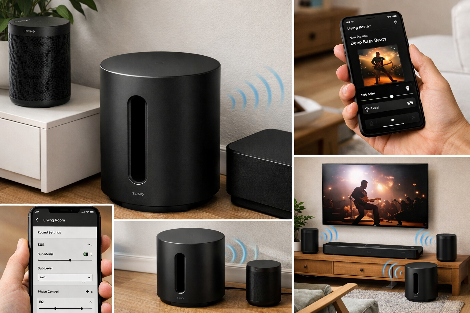 Sonos Sub Mini Review detailed showcase of Sonos Sub Mini Black Compact Wireless Subwoofer highlighting wireless connectivity and Sonos app integration with paire