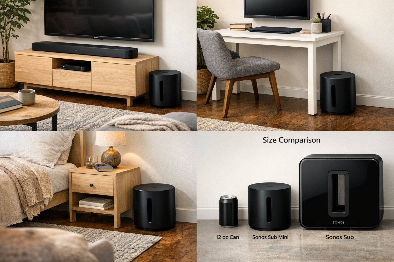 Sonos Sub Mini detailed showcase of Sonos Sub Mini Black Compact Wireless Subwoofer highlighting its placement flexibility in different room settings and s