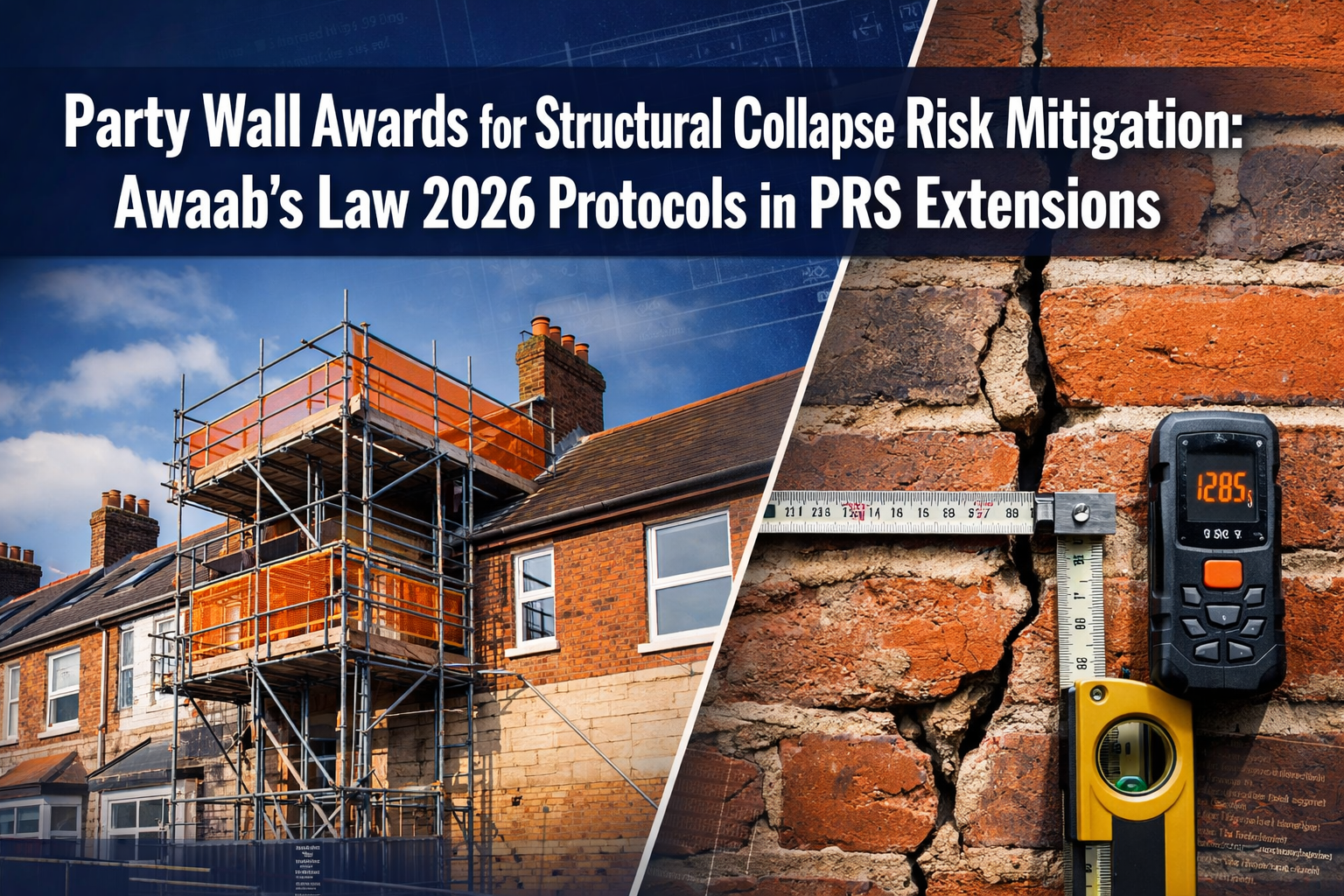 Professional () hero image with 'Party Wall Awards for Structural Collapse Risk Mitigation: Awaab's Law 2026 Protocols in