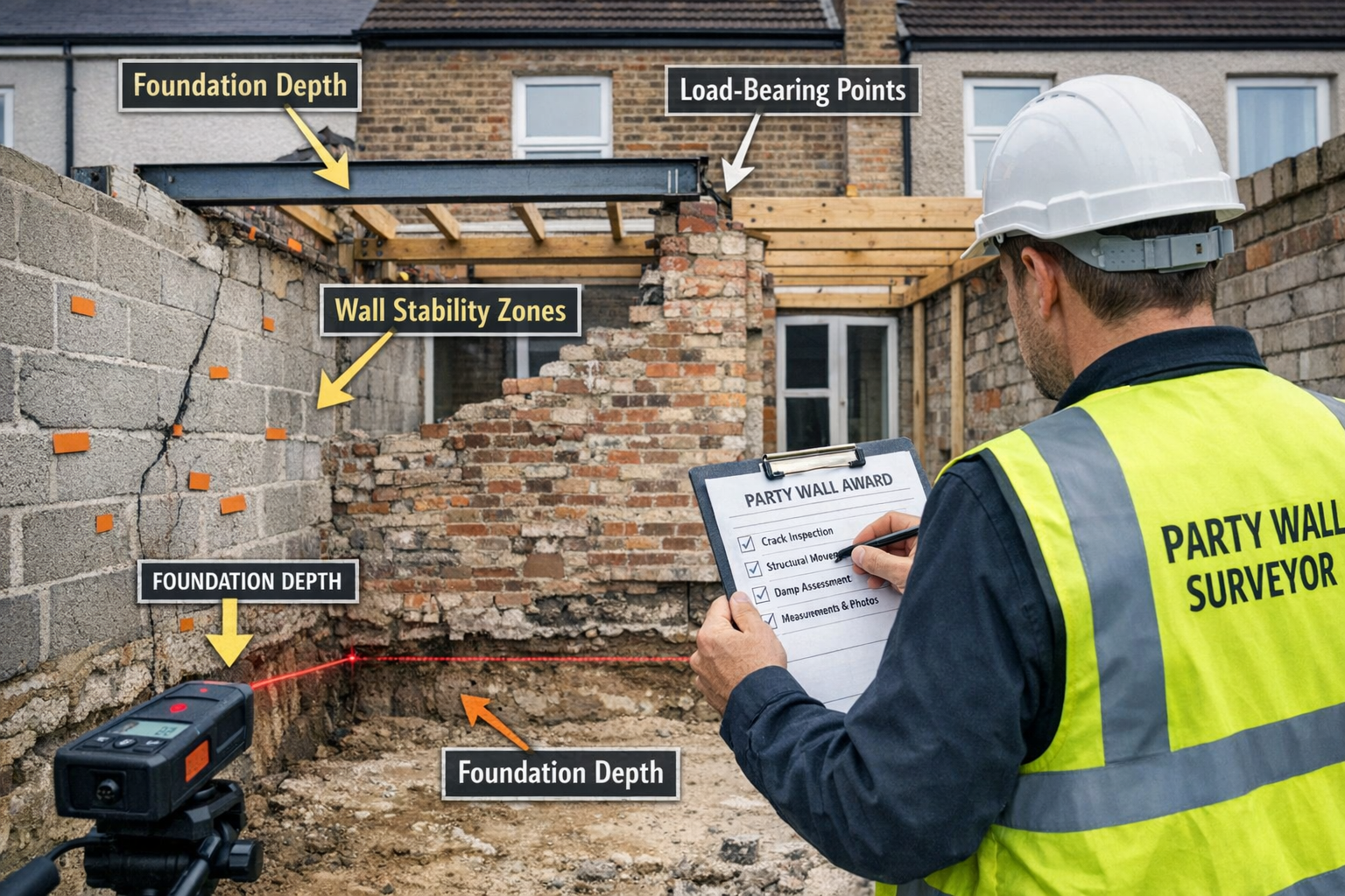 Detailed () image showing professional party wall surveyor in high-visibility vest conducting pre-works structural