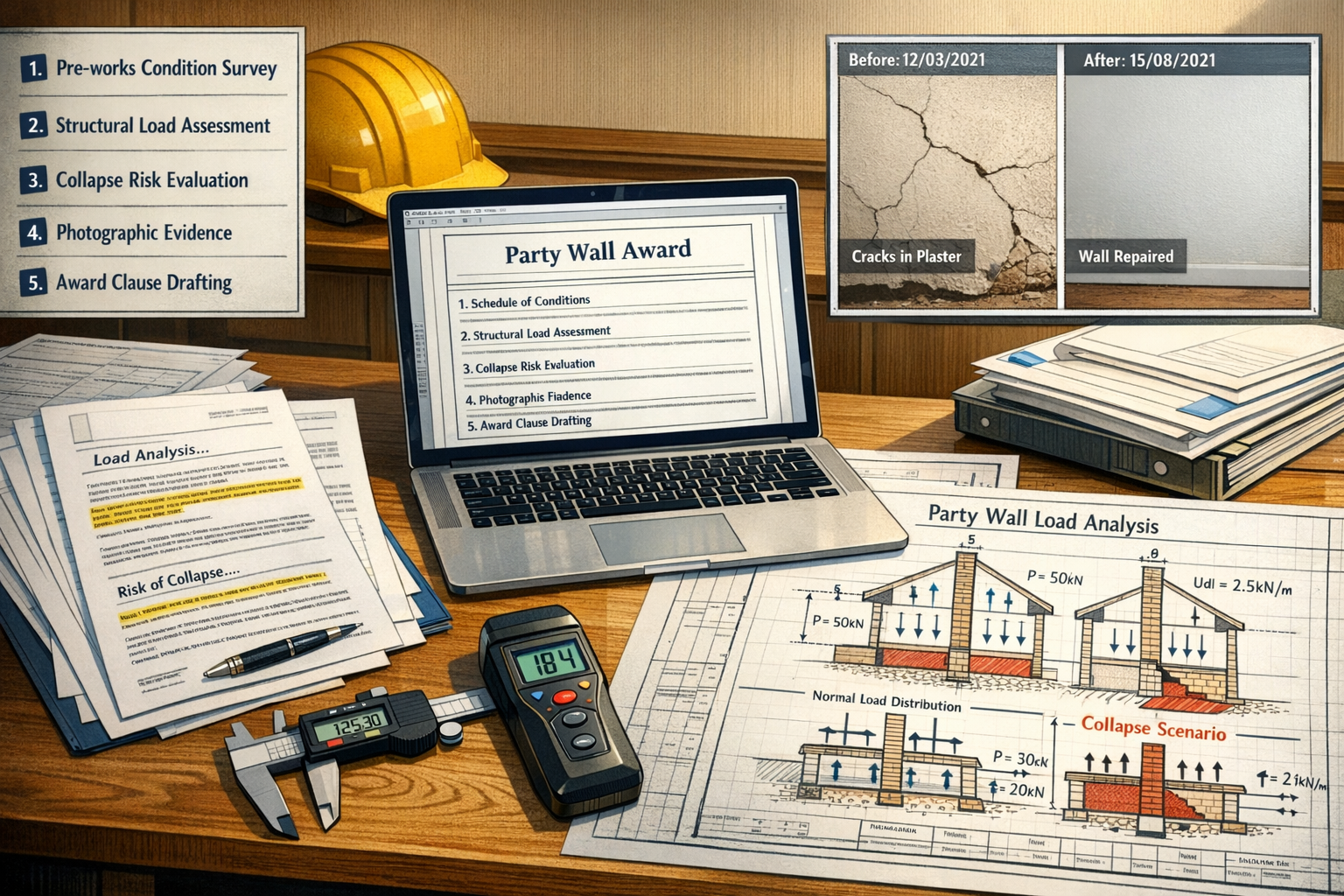 Detailed () technical illustration showing step-by-step party wall award drafting process for structural collapse risk
