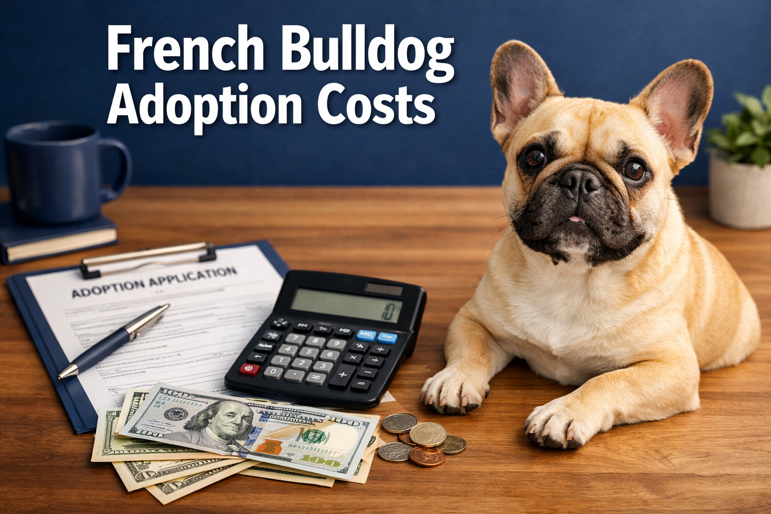 Professional landscape format (1536x1024) hero image featuring bold text overlay 'French Bulldog Adoption Costs' in extra large 70pt white s