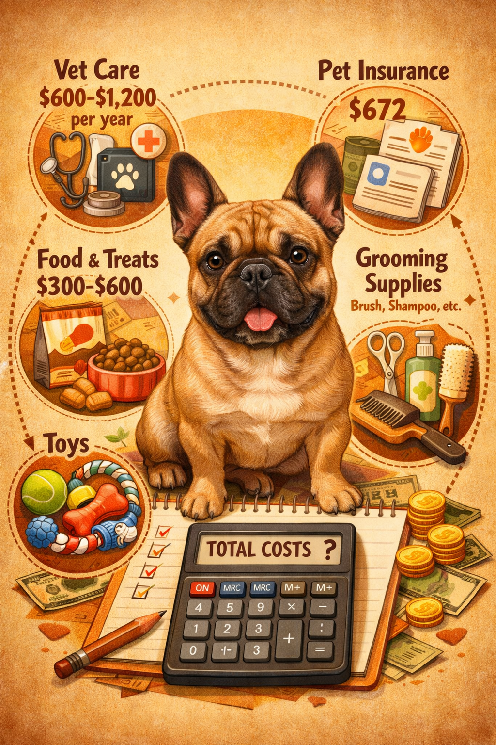 Portrait format (1024x1536) comprehensive cost planning illustration featuring French Bulldog surrounded by icons representing ongoing expen