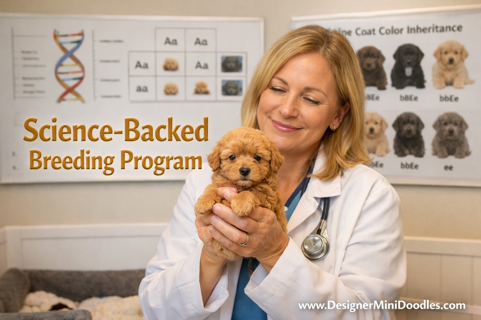 Wide () editorial image showing a professional animal biologist in a clean, bright whelping room at Designer Mini Doodles