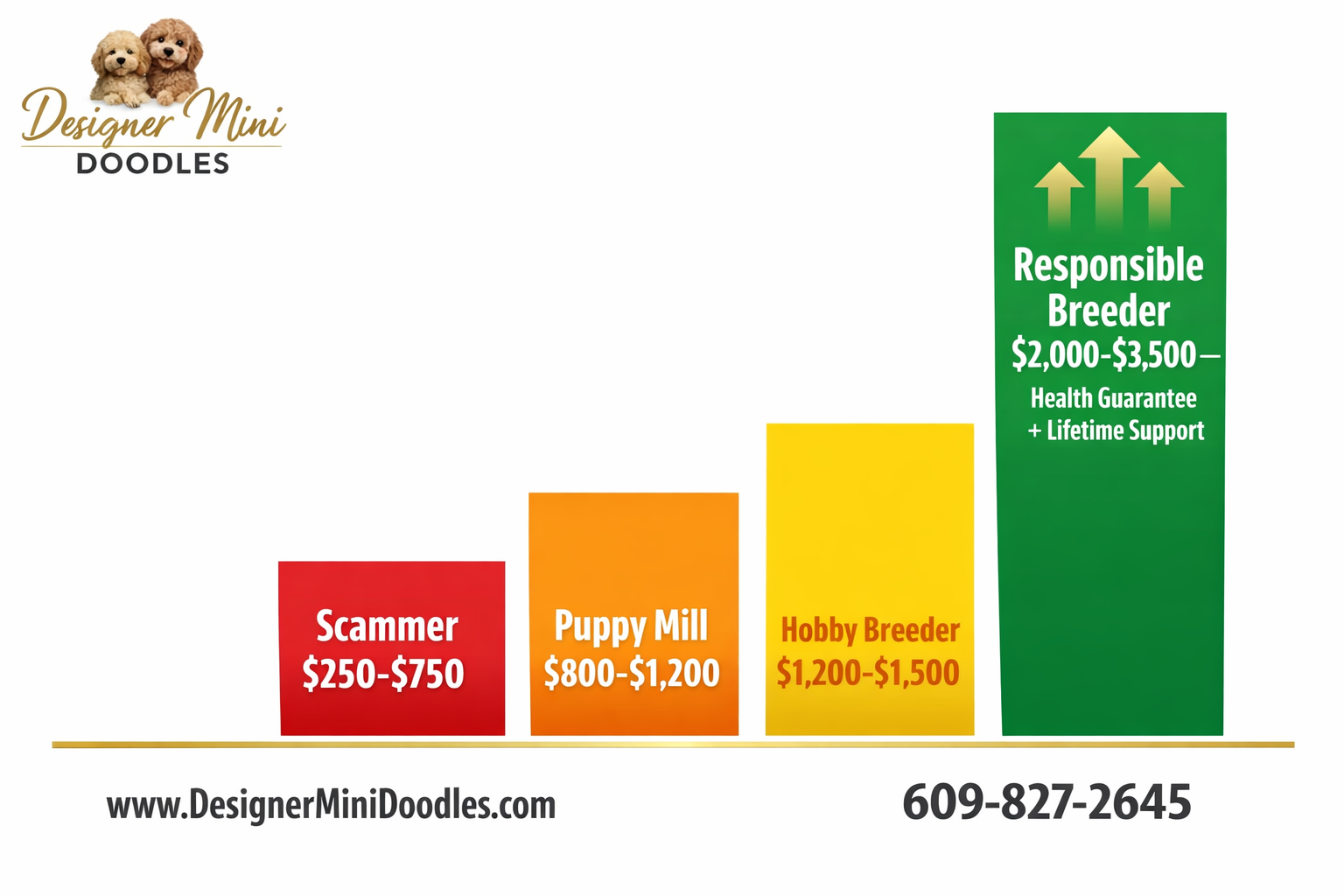 () price comparison bar chart graphic with four distinct colored bars: red bar labeled 'Scammer $250-$750', orange bar