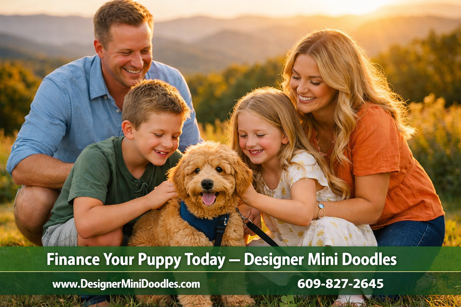 () showing a happy North Carolina family outdoors at a park — Blue Ridge Mountains or Outer Banks backdrop — with a fluffy