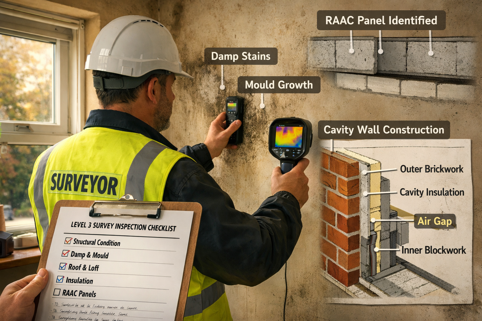 Detailed () image showing professional building surveyor in high-visibility vest conducting Level 3 structural survey inside