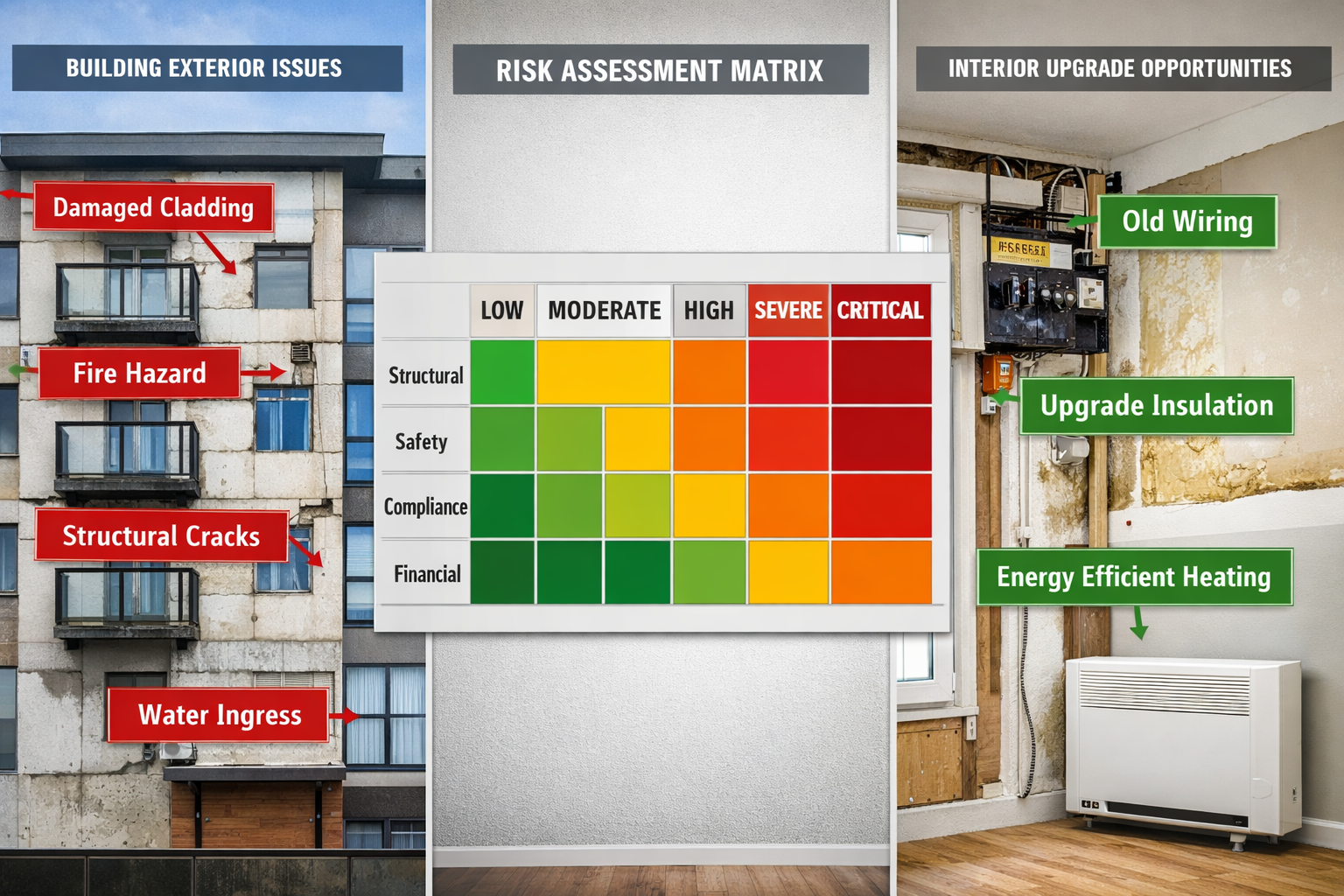 () split-screen comparison image showing left side: residential building exterior with cladding issues, fire safety