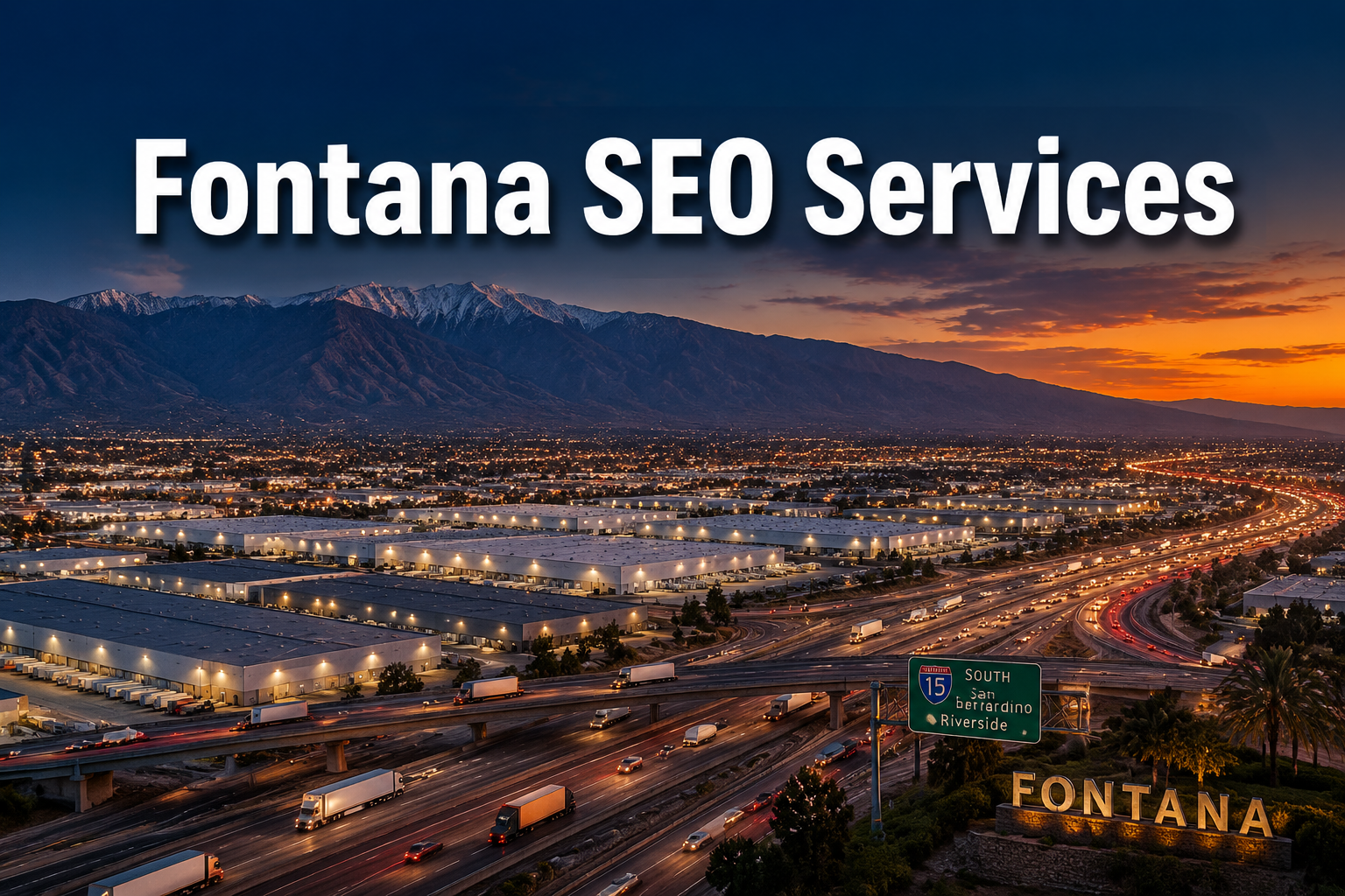 Professional () hero image with 'Fontana SEO Services' in extra large white with dark drop , centered in upper third.