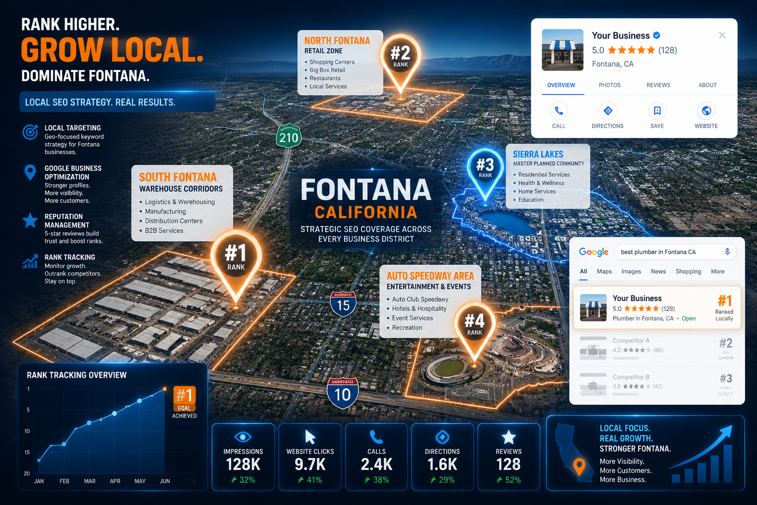 Detailed () infographic-style illustration showing a Fontana California city map with glowing SEO ranking pins dropped on