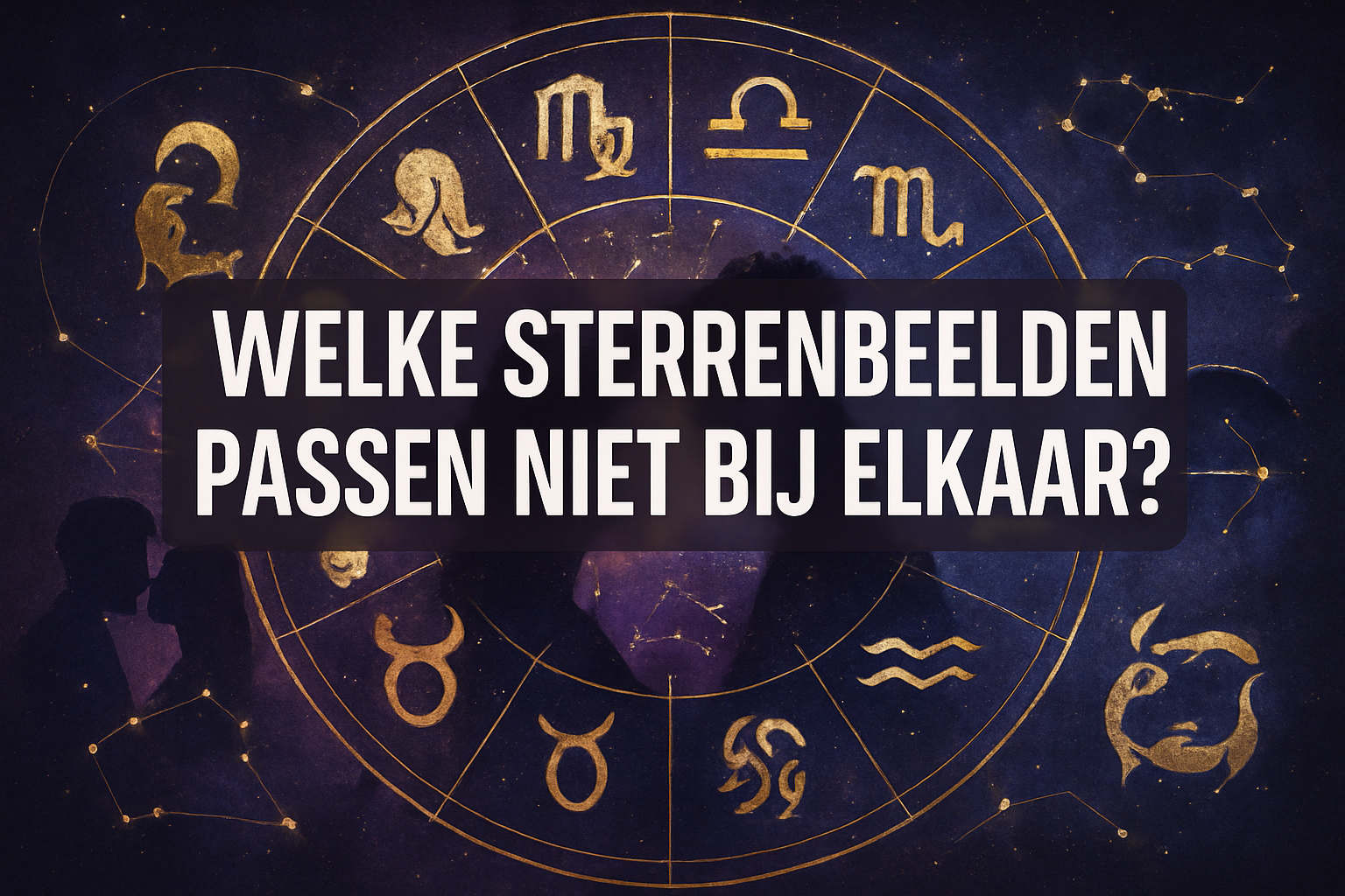Professional landscape hero image (1536x1024) with bold text overlay 'Welke Sterrenbeelden Passen Niet Bij Elkaar?' in extra large 72pt whit